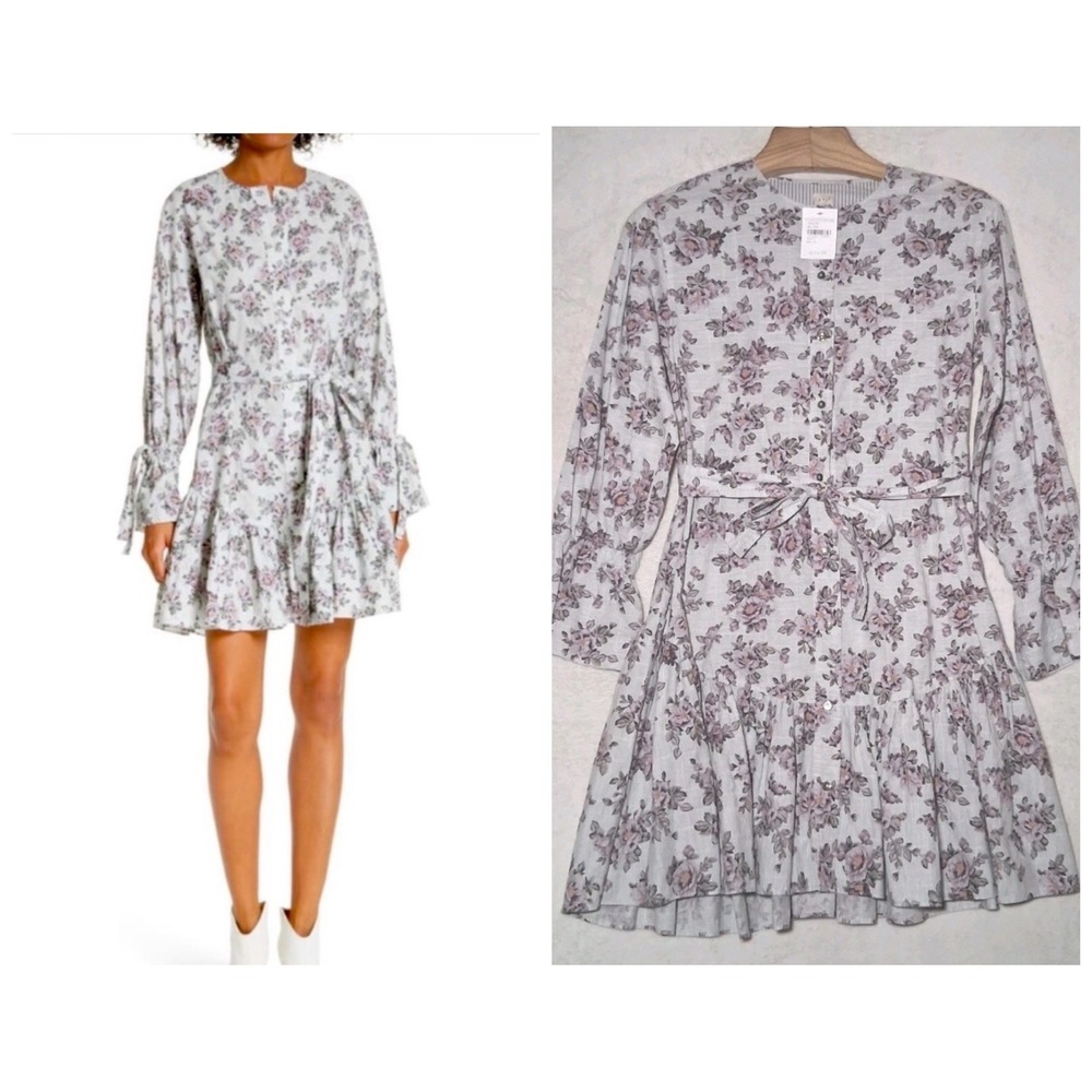 La Vie Rebecca Taylor Veronique Shirtdress M Gray Floral Tie Waist Ruffle Hem